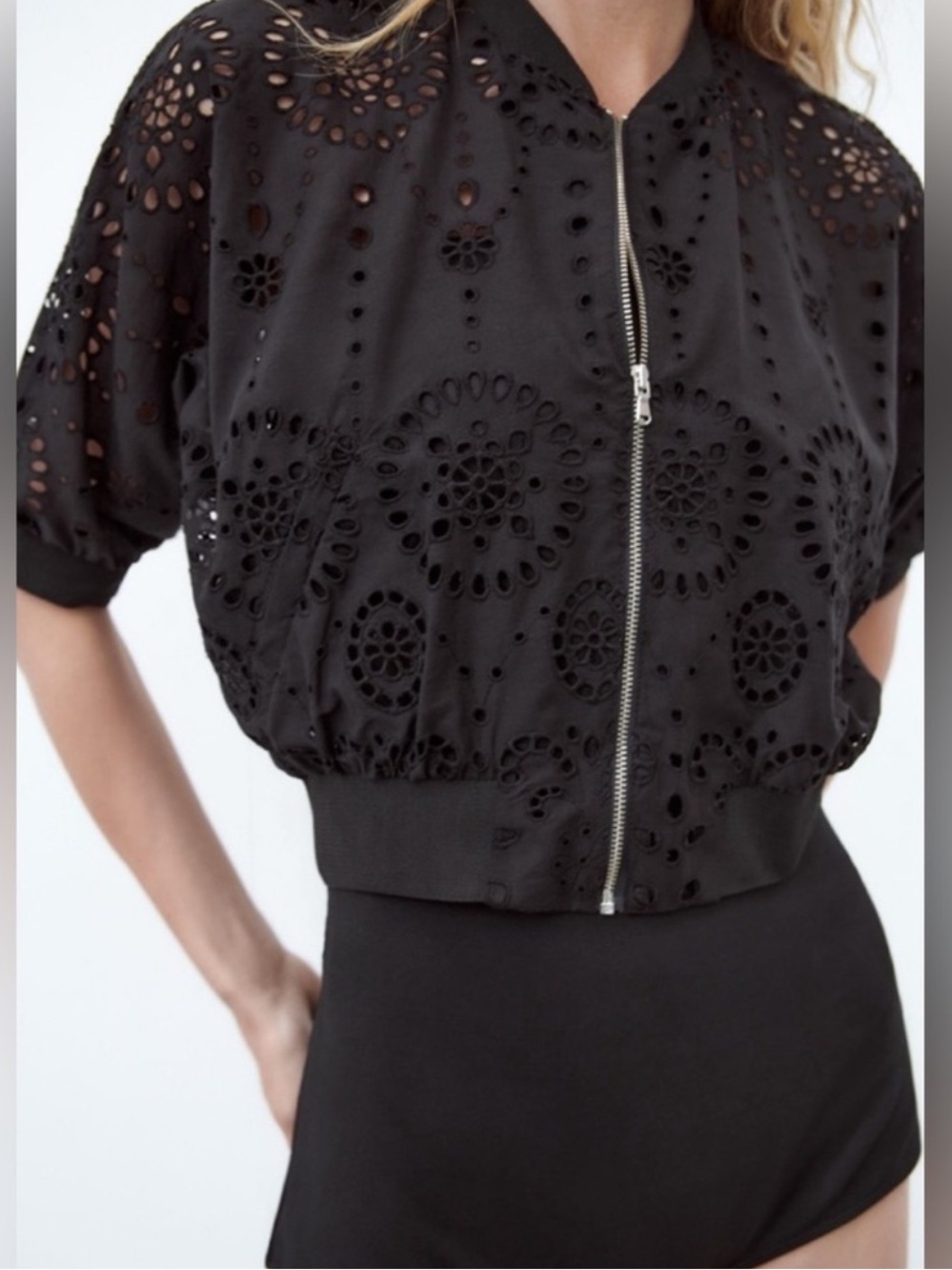 Zara Black Embroidered Eyelet Floral Cutwork Front Zipper Bomber Top Sz M